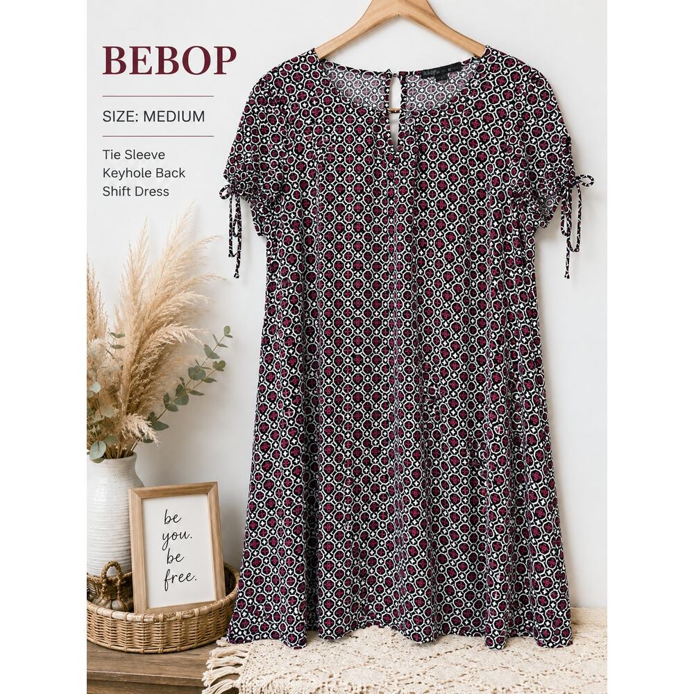 Bebop Geometric Print Shift Dress Medium Boho Tie Sleeve Dress